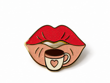 Detailed view of Sabrina Carpenter Espresso enamel pin with red lips and coffee cup
