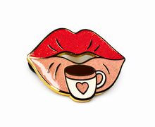 Sabrina Carpenter Espresso enamel pin with red lips and coffee cup design