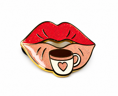 Sabrina Carpenter Espresso enamel pin with red lips and coffee cup design