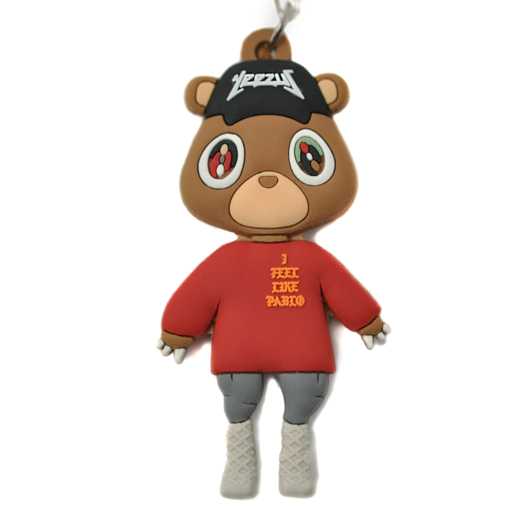 Kanye West TLOP bear keychain with red shirt and brown bear design