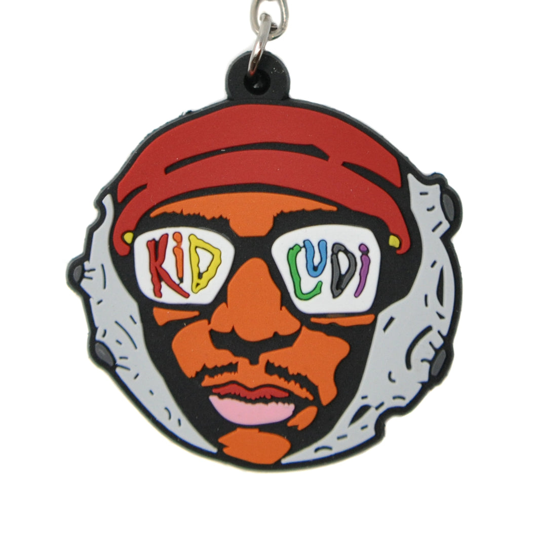 - Kid Cudi Man on the Moon keychain with red hat and colorful sunglasses design