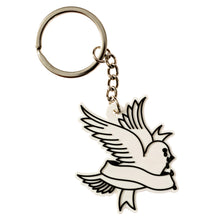 Full view of Lil Peep dove keychain with chain and metal keyring