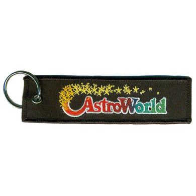 Travis Scott Astroworld embroidered keychain with black fabric strap and metal keyring