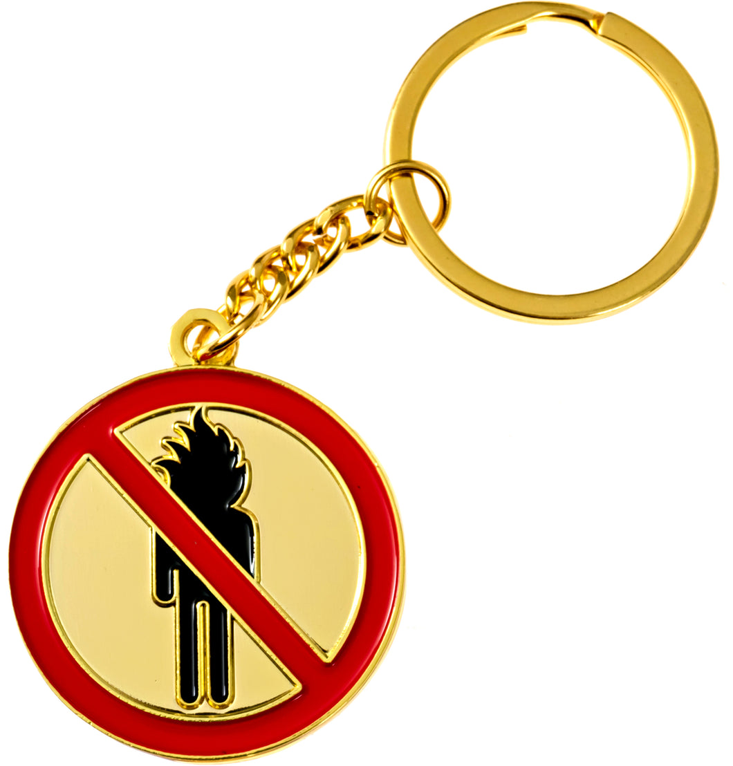 Travis Scott No Bystanders keychain with red and gold enamel design
